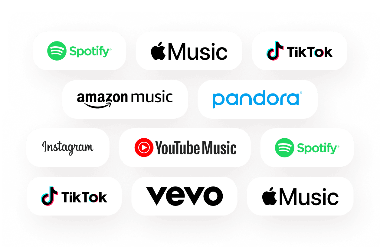 Сетка логотипов музыкальных стриминговых платформ, таких как Spotify, Apple Music, TikTok и других.